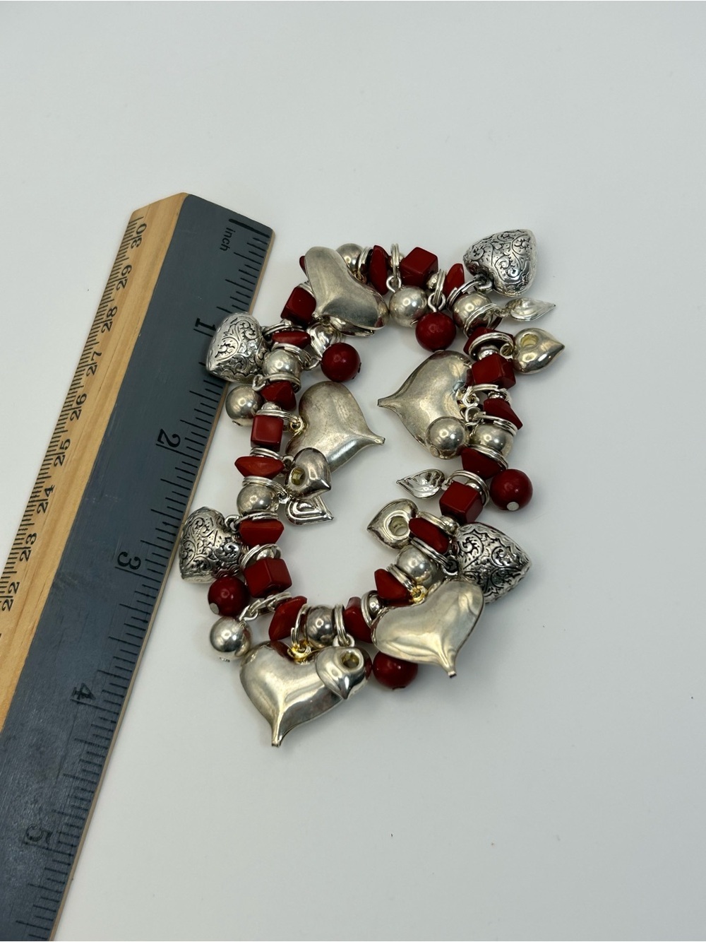 Vintage Bracelets Qty 2 Red & Silver Tone Beads & Charms Stretch Hinged Bangle - Picture 13 of 13